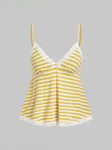 SOLEMN Women's Summer Casual Commuting Vacation Colorblock Striped Print Lace Trim Babydoll Cami Top
