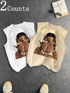 Men's Two-Piece Trendy Casual Sleeveless Vest Set, Face-Wearing Woman Print, Summer Vacation Friend Gathering Daily Wear