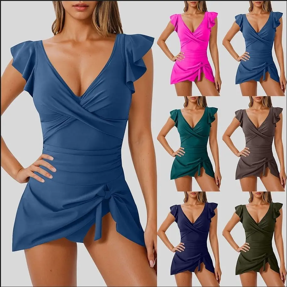 Women's Ruffled V-Neck Swim Dress, Skirted 1-Piece Swimsuit with Ruched Tummy Control, Quick-Dry Modest Swimwear, Swimsuit With Skirt