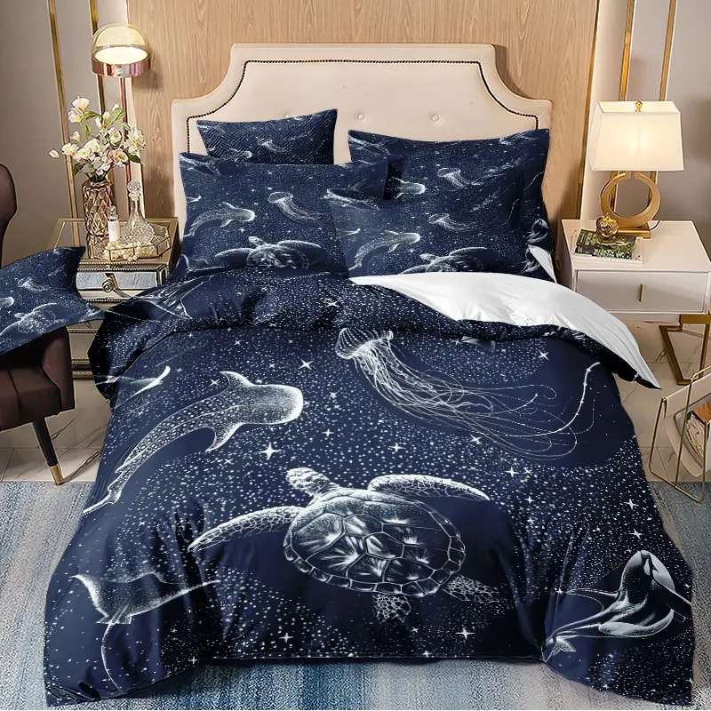 3-piece duvet cover set with marine life (sea turtle, whale shark, jellyfish, squid, ray, dolphin, etc.) patterns, using 3D digital printing technology, for bedroom and guest room home décor (1 duvet cover, 2 pillowcases, ) Decorative Bedding Set