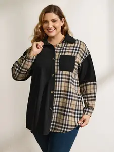 【Pocket Approved 】Bloomchic Corduroy Plaid Print Contrast Jacket Fit Womenswear Pocket Coats Tops Outerwear Fitted Long Sleeve Casual plussize Black 2026 Spring Break Gift For Easter's Day Mother's Day