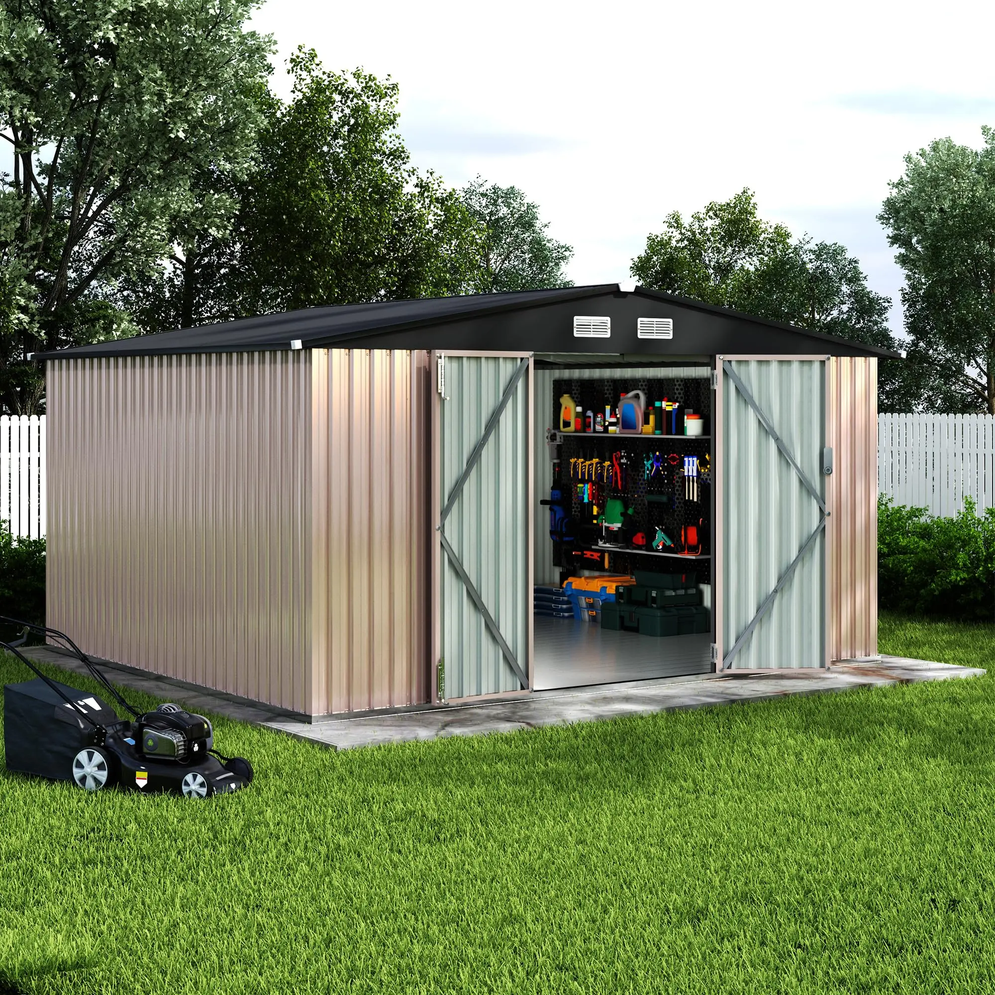GAOMON Galvanized Steel Metal Shed - 10x12ft Outdoor Storage Shed with Lockable Door, Air Vent, Concrete Base, Shipped in 3 Boxes for Garden, Patio