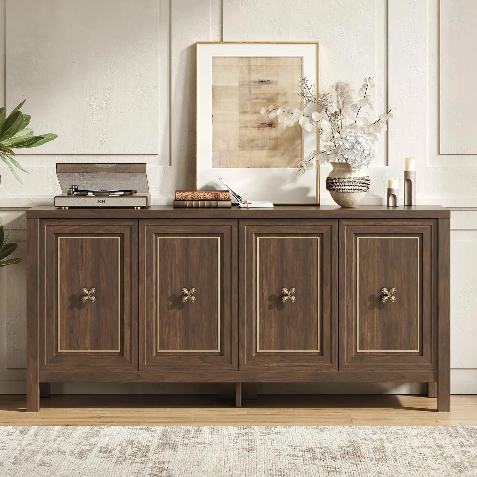 【FallDealsforYou】ONBRILL 63" Sideboard Buffet Cabinet with Storage, Kitchen Sideboard Modern Wooden Coffee Bar Console with 4 Doors, Accent Storage Cabinet with Shelves and Bronze Handles for Kitchen Living Room