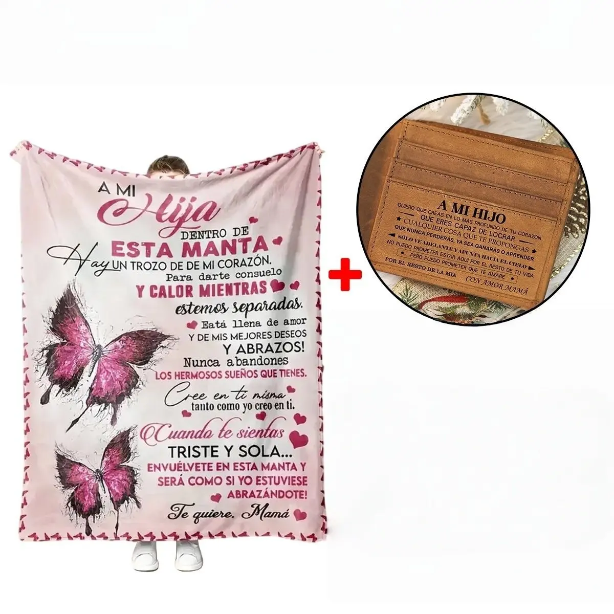 Two items with personalized Spanish engravings—Easter and graduation gifts from parents to their son and daughter: a soft flannel blanket and a cowhide wallet. Birthday gifts for boys and girls, party decorations for girls, and birthday decorations.