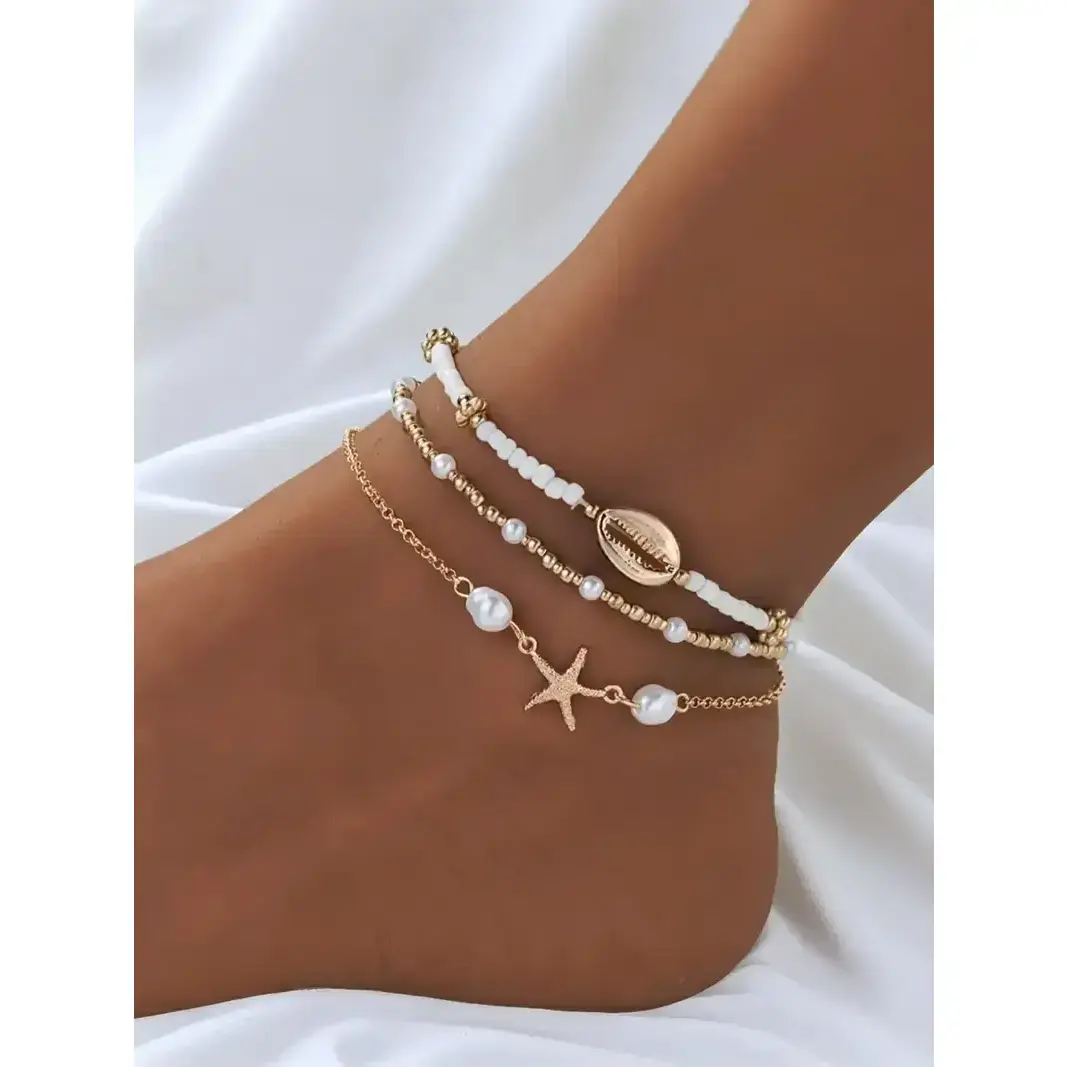ChicBloom B Women's Boho Style Starfish & Shell Decor Anklet, Fashionable Beaded Anklet for Beach Party Vacation, Elegant All-match Fashion Accessories for Daily Wear, Trendy Jewellery Accessories