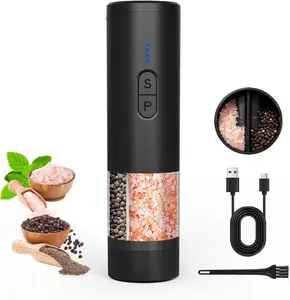 【SUMNEW-SHOP】Electric Salt and Pepper Grinder Set, 2 in 1 Dual Bins USB Rechargeable Refillable Automatic Salt and Pepper Mill Shaker with LED Light, Dual Ceramic Grinder Adjustable Coarseness, kitchen gift, Black,Silver Stainless