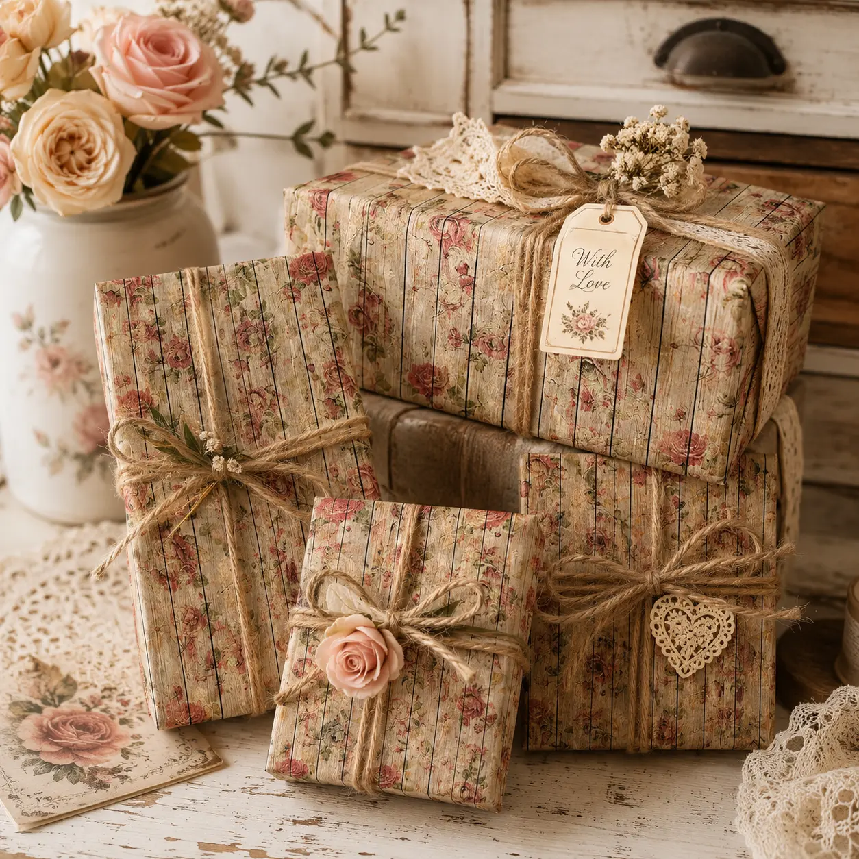 Rustic Wood Grain Red Rose Gift Wrapping Paper Sheet - Vintage Country Floral Plank Wrap for Anniversary Housewarming Valentines Day