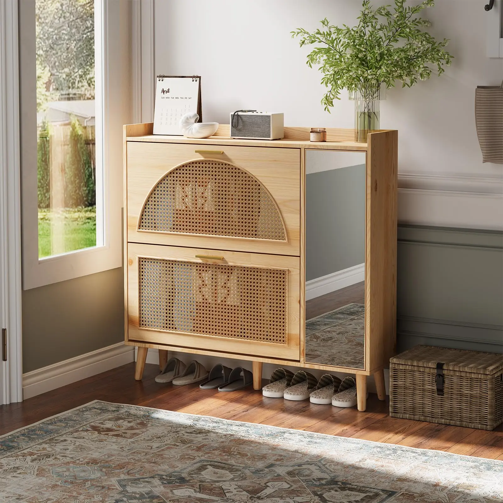 Rattan Shoe Storage Cabinet with 2 Flip Drawers and Mirror, Freestanding Shoe Rack Organizer with Adjustable Shelves and Hidden Storage for Entryway Hallway Closet, Farmhouse Wooden Shoe Cabinet with Anti Tip Design