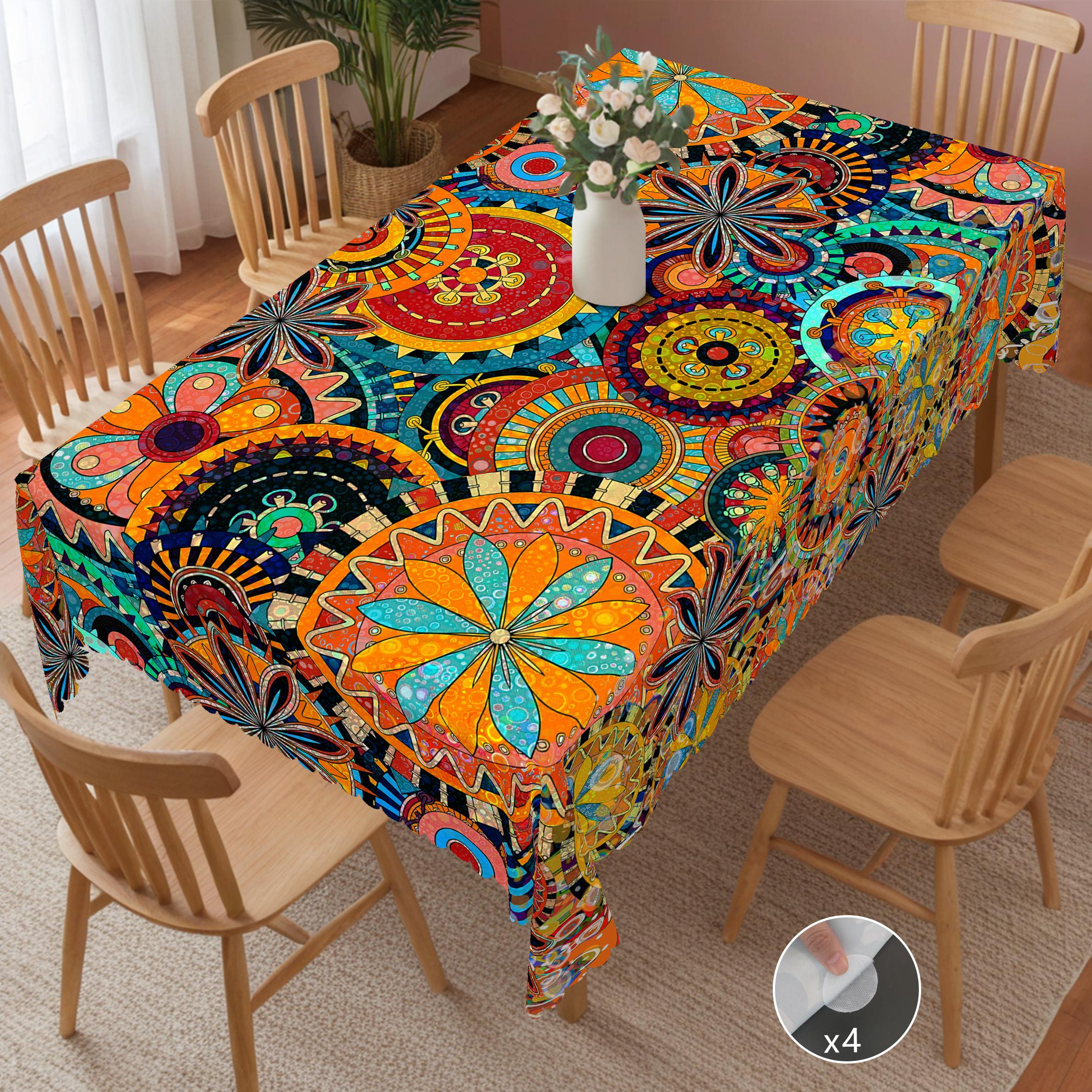 PLUMLIK Vibrant Boho Tablecloth, Colorful Retro Bohemian Round Rectangle Tablecloth, Exotic Style Decoration for Outdoor Indoor, Suitable for  Farmhouse Courtyard Thanksgiving Day Christmas Party, Daily Holiday Kitchen Restaurants, Home Dorm Accessories