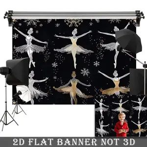 2D Flat Banner, 1pc Elegant Ballerina Silhouette & Snowflake Backdrop Banner, Black with White & Golden Floral Design - Ideal for Birthday, Wedding, Christmas Party Decorations & Photo Booth Props, Ballet Shoes