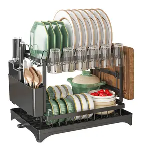 Double-Layer Kitchen Countertop Drain Rack, Metal Material, with Drain Board, Can Hold Tableware, Carbon Steel Material, Kitchen Storage Rack Cabinet storage rack
