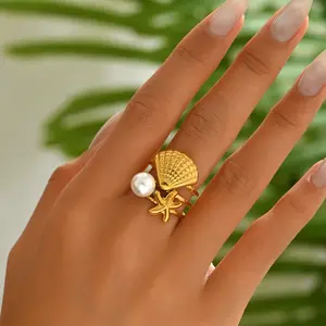 Ocean-Inspired Women's Ring: Unique Open-Band Design with Pearl and Seashell Inlay—An Elegant, High-End Accessory