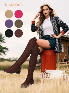 Colorful Faux Suede Over-The-Knee Boots for Women, Soft Lace-Up Low Heel Long Boots, Versatile Retro Slimming Elastic Boots, Footwear