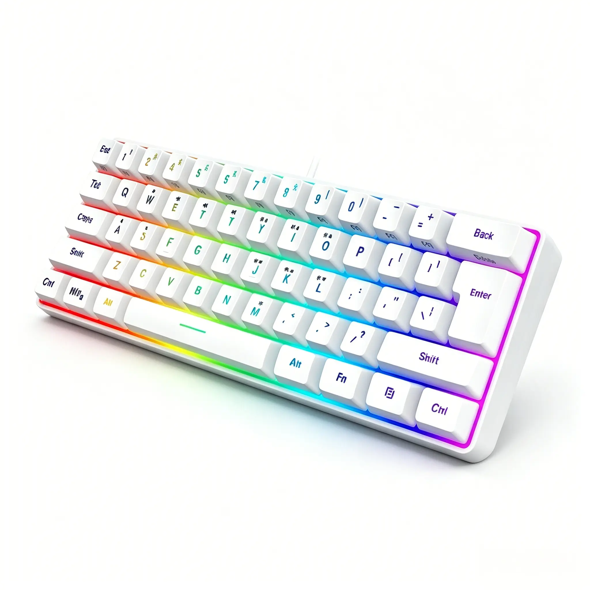 60% Wired Gaming Keyboard, 61 Keys RGB rainbow Backlit Mini Keyboard with Wrist Rest, Ultra-Compact Waterproof Ergonomic Membrane Keyboard, Plug & Play for PC Gamers White