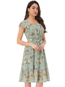 INSPIRE CHIC Floral Chiffon Flutter Sleeve Belted Square Neck Ruffled Hem Dress