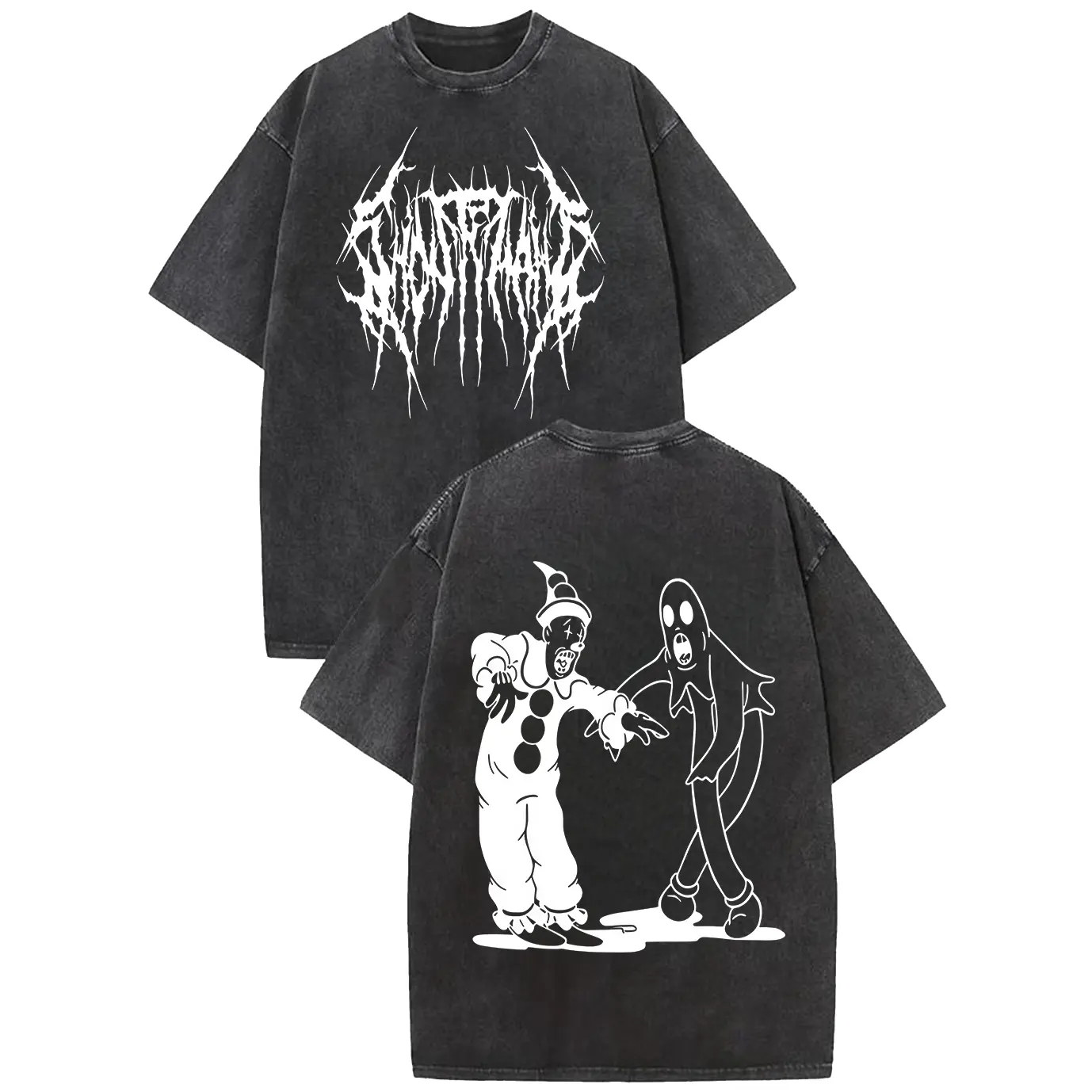 Women's Oversized Round Neck Short-Sleeve Heavyweight Cotton Casual T-Shirt - Vintage Washed, Double-Sided Scary Clown & Ghost Graphic, Dark Trap Metal Streetwear, Supernatural Aesthetic for Concerts (Unisex Menswear-Inspired), Baggy