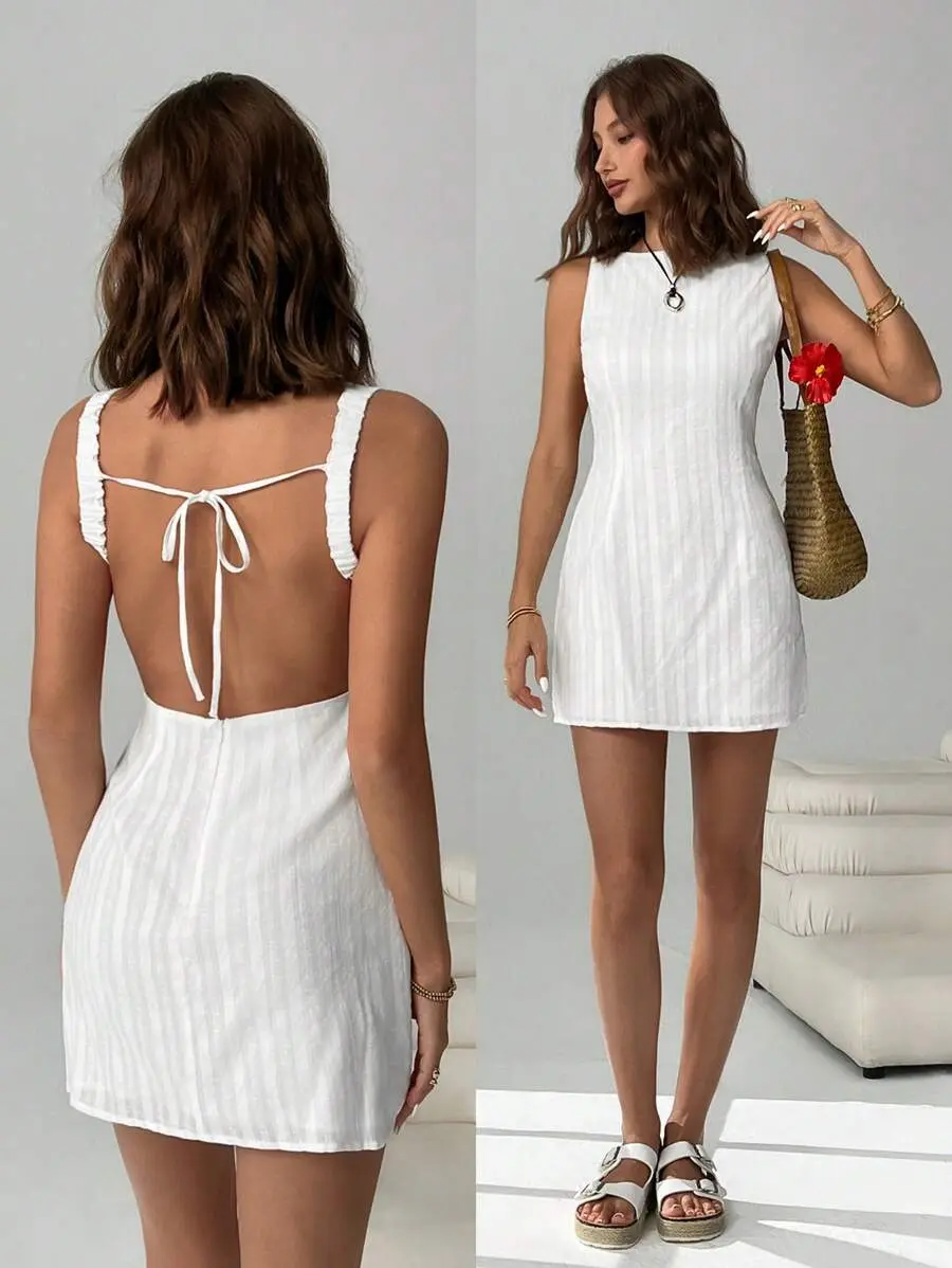 Women 100%Cotton Solid Color Casual Sleeveless Backless Mini Dress, Summer Dresses For Women,Western Wear Women,Vacation Dress,Graduation Dresses
