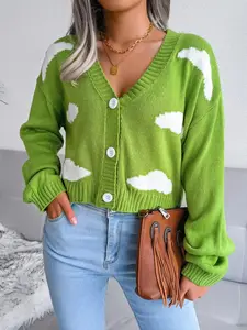 Cloud Pattern Button-Up Cropped Cardigan