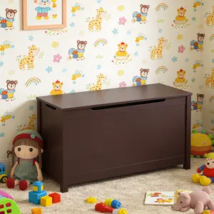 Kids Wooden Toy Box Storage with Safety Hinged Lid, Coffee