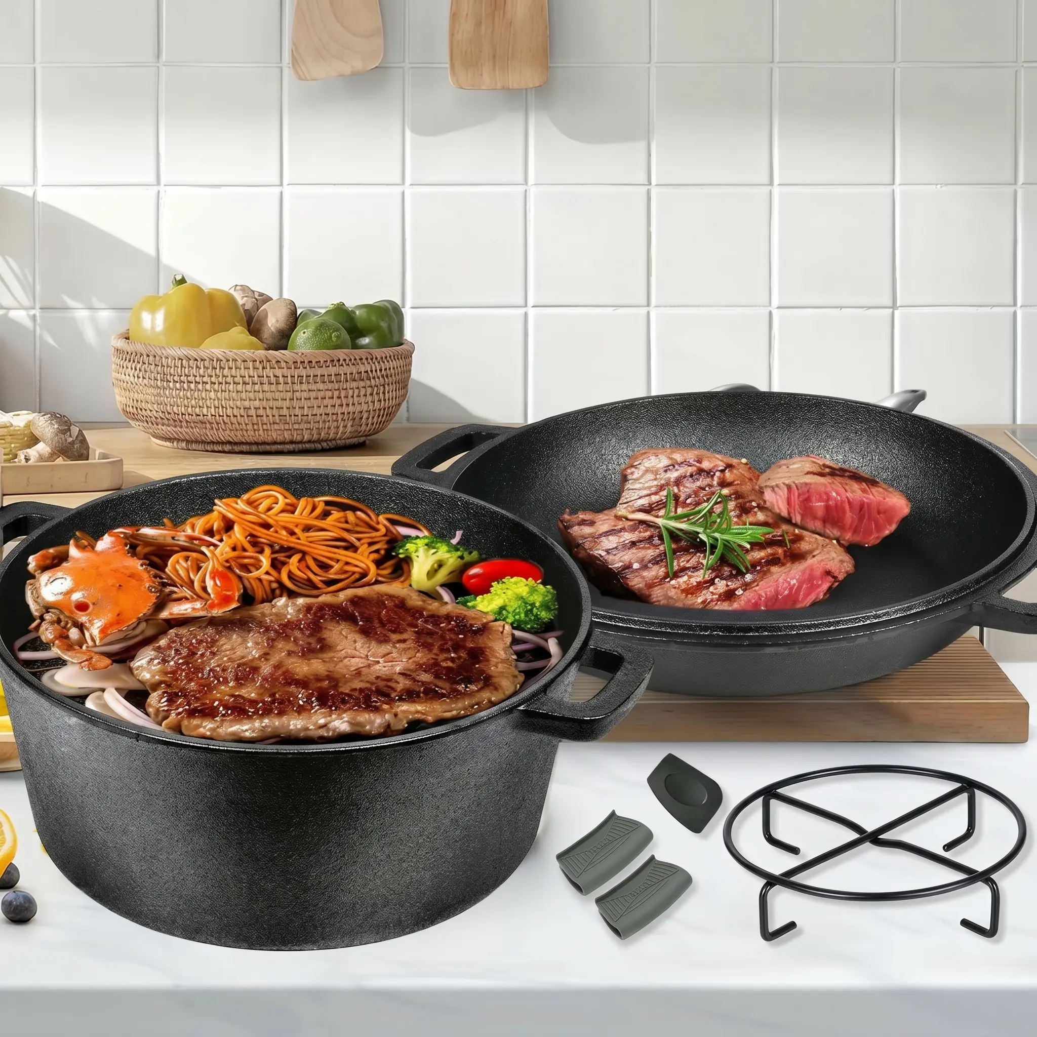 5QT Pre-Seasoned Cast Iron 2-in-1 Combo Camping Cooker - Portable Pot with Dual-Use Skillet Lid, Heavy-Duty Heat Retention Outdoor Cooking Supplies for Campfire, Daily Family Stews