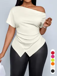 Plus Size Women's Casual Ombre Asymmetrical Hem Short Sleeve Top, Fitted Drop Shoulder Design, Perfect for Fall Season, Daily Wear &