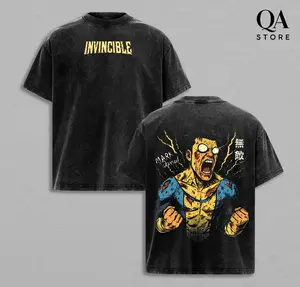 Mark Grayson T-shirt Invincible Vintage Washed Graphic Tee Oversized Heavyweight Unisex Tee High-Quality Cotton Fabric Mark Grayson Lightning Graphic Back Print Bloodied Fierce Anime Merch Streetwear Gift For Fans