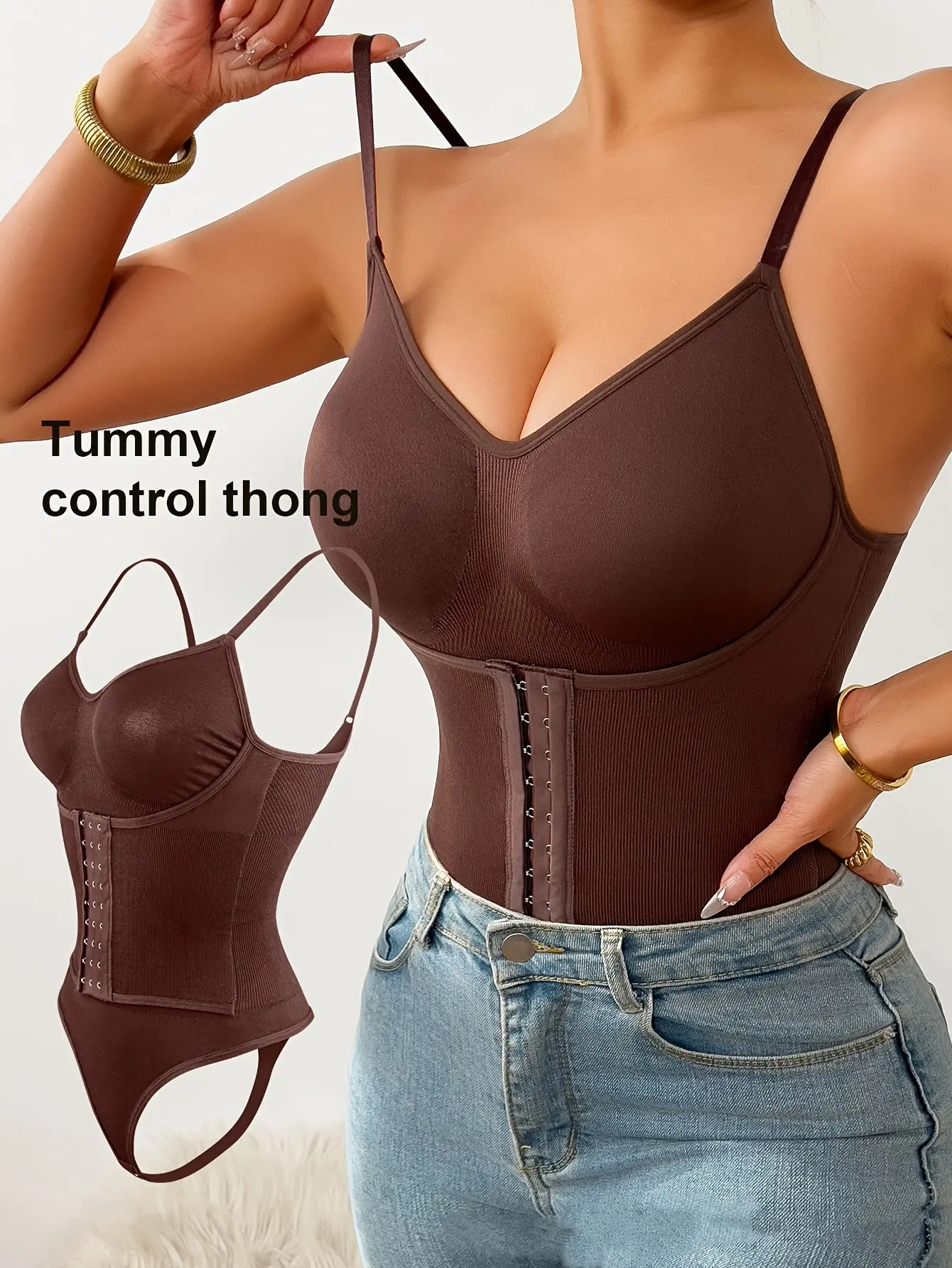 Hook‑and‑Eye Tummy Control Thong Bodysuit for Women, V‑Neck Adjustable Spaghetti Strap Shapewear, Seamless Waist Cincher Sculpting Bodysuit Daily Under‑Clothes Shaper