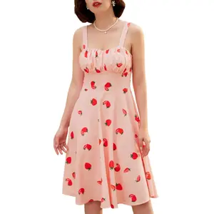 Belle Poque Vintage Floral Dress for Women Summer 1950s A-line Sleeveless Swing Flowy Ruched Midi Wedding Guest Dresses
