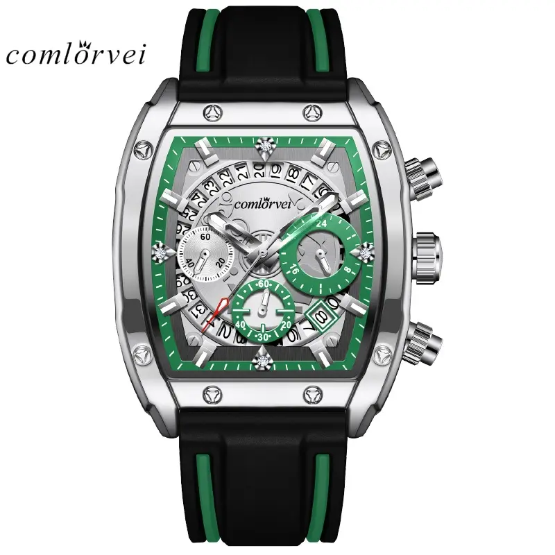 COMLORVEI Men's Tonneau Watch, Swiss Analog-Digital Sports Chronograph with an Alloy Case and Mineral Glass for Party Wear, Barrel, Clasp