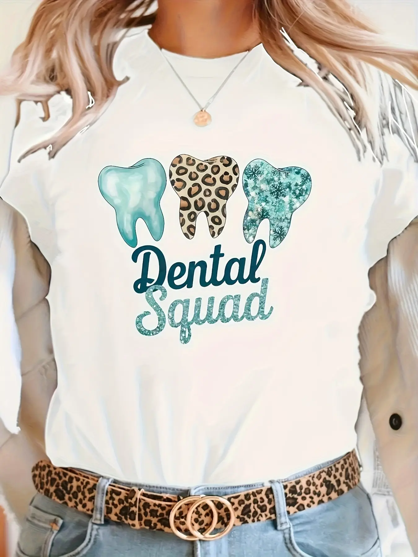 Women's Dental Team T-Shirt with Leopard Glitter Tooth Design - Dentist Apparel Gift, Opaque Machine-Washable Top for Dental Hygienists & Cavity Awareness, Year-Round Casual Wear