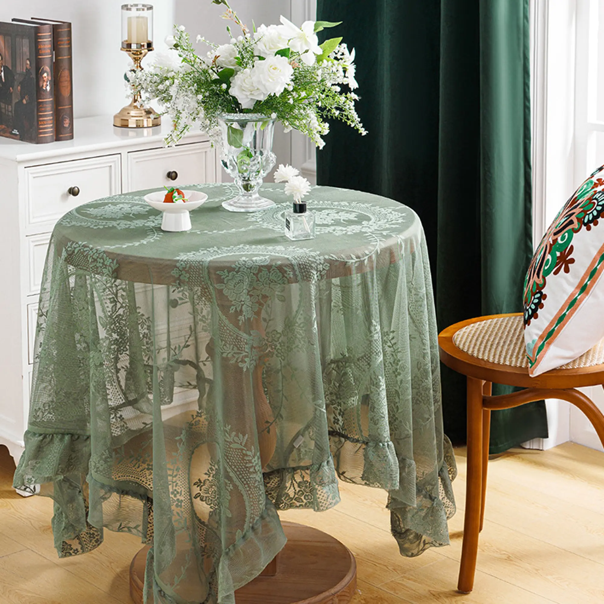 1pc Elegant Floral Round Tablecloth with Ruffle Design, Perfect for Restaurant Decor, Banquets, Parties, Holiday Dinners, Farmhouse Gatherings
