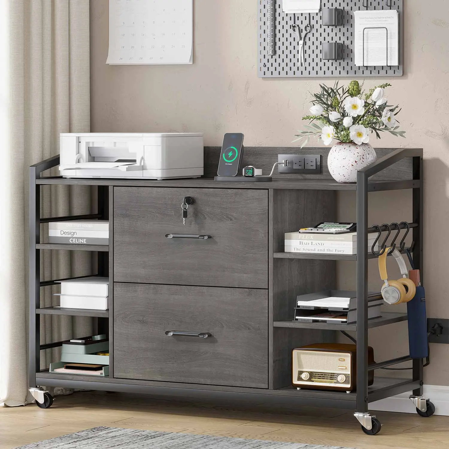 SIKAIC 44" File Cabinet with 2 Drawers, Grey Office Storage Cabinet for Home Office Organization