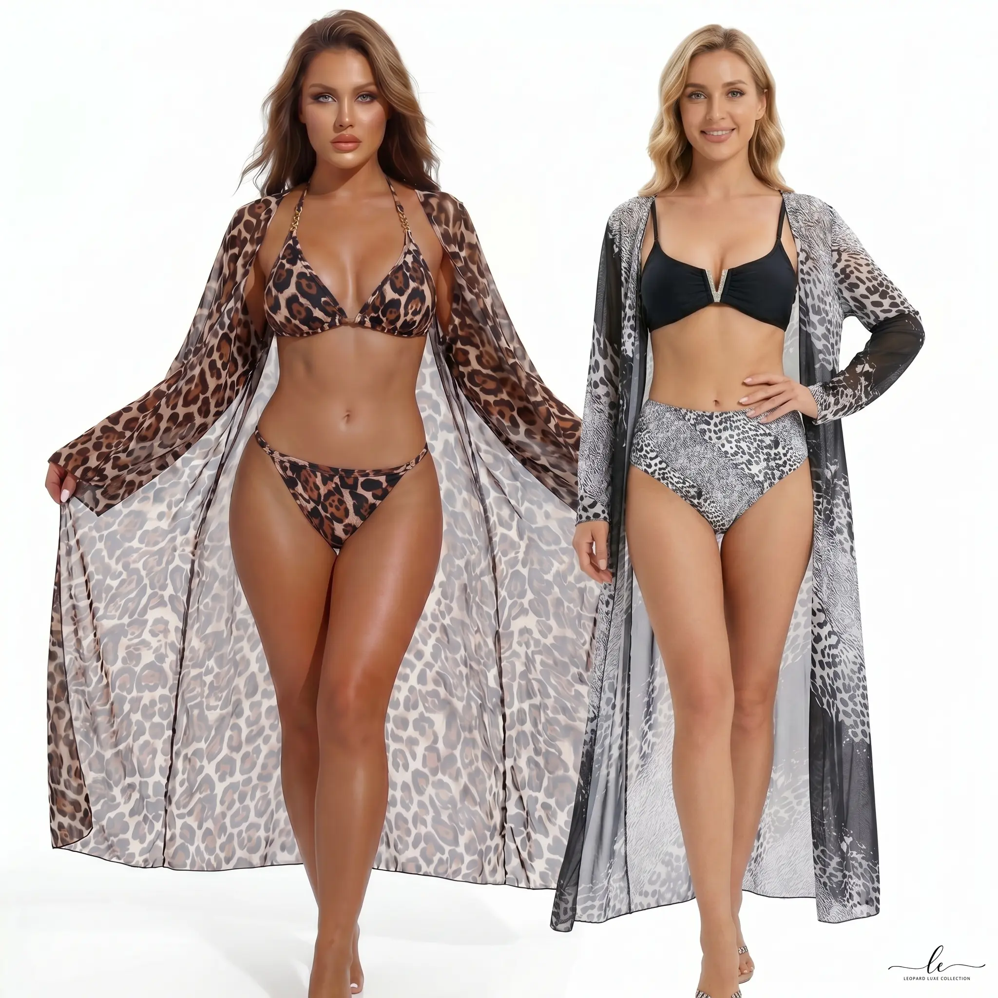 Women's 3-Piece Halter Bikini Swimsuit - Leopard Print Wear, Quick Dry, with Halter Bikini Top, See-Through Cover-Up Robe & Fashionable Layer for Beach Use, Bathing Suit, Ring Front, Beach Party
