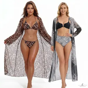 Women Leopard Print 3 Piece Swim Set, Halter Bikini with Cover Up Robe, Beach Swimwear