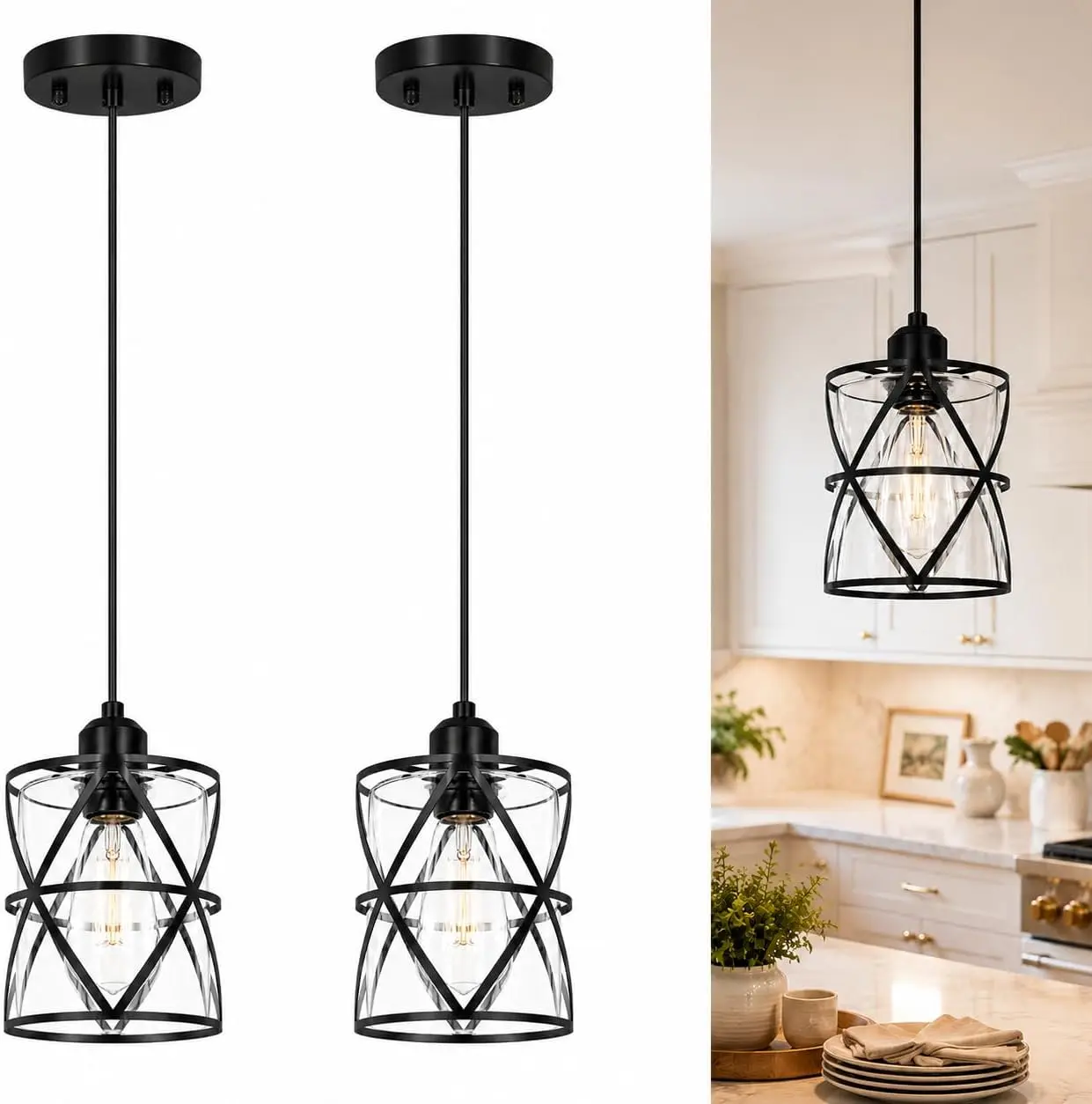 DSMJFU 2 Pack Black Pendant Lights, Modern Clear Glass Adjustable Hanging Lighting for Kitchen Island Bedroom Bathroom Entryway Hallway, E26 Base Ceiling Pendant Light Fixtures