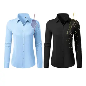 Womens Stain Shield Dress Shirts Wrinkle Free Long Sleeve Solid Tops Blouses Button Down Shirts Casual Wear Black And Light Blue