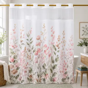 Hookless Shower Curtain with Snap-in Liner, Double Layer Floral Botanical Shower Curtain Set, Sheer Top Window, Waterproof & Washable Bathroom Curtain, 72 x 75 Inch