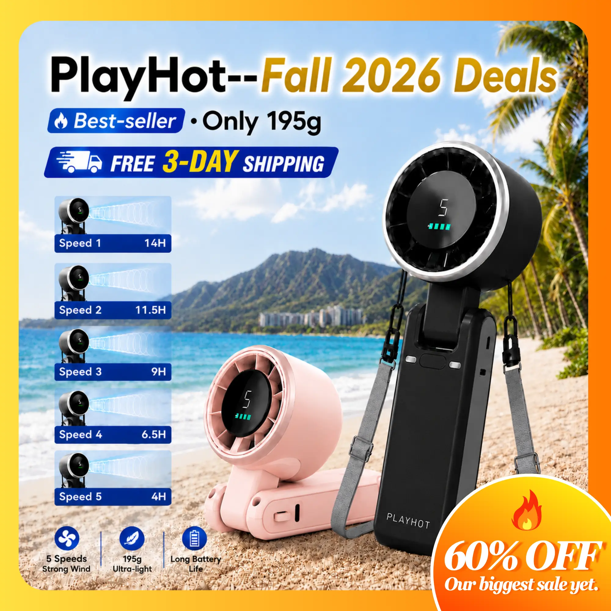 PLAYHOT Cool Fan,Portable Handheld High Speed Fan, 5-speed Airflow Wind, Foldable & Hanging Neck Fan, Suitable for Family, Travel, and School, Best Friend Gifts,Summer&Party Essentials