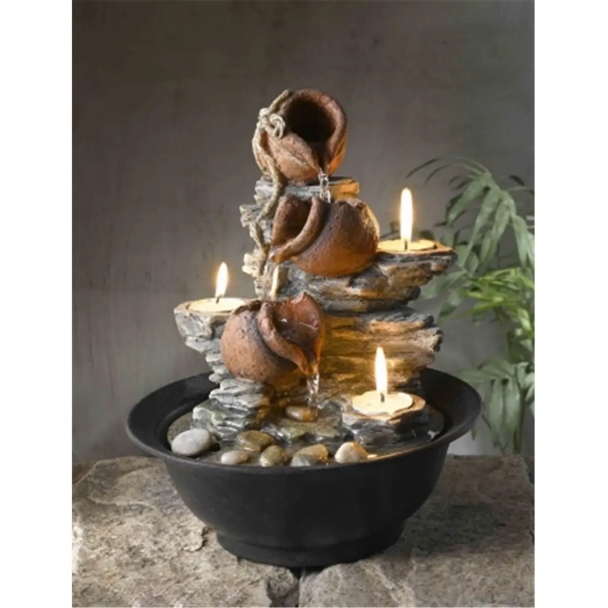 212 MAIN FCT002 Resin Miniature Pot Table Fountain - 110V Built-in Pump, Tealight Lights, Decorative Pebbles, Soothing Sounds of Nature, 2.85 lbs, 9inL x 9inW x 11inH Indoor Dog & Cat Feeding Supply for Busy Executives, Relaxation & Stress Relief