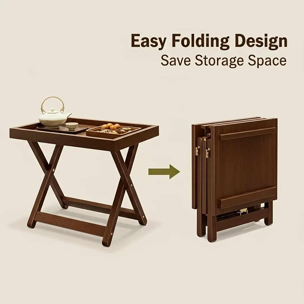 Foldable modern X-shaped coffee table with snack tray and raised edge — space-saving, suitable for bedrooms and bay windows — freestanding coffee table/nightstand with tray table, no assembly required, compact design ideal for small spaces