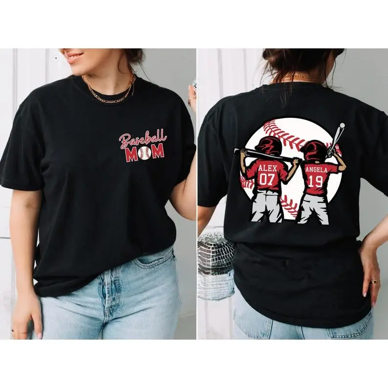 Baseball Mom T-shirt, Baseball Two Player Shirt,Double-sided Printing Baseball Tee, Game day Mom T-shirt, Baseball Gift for Mom Dad