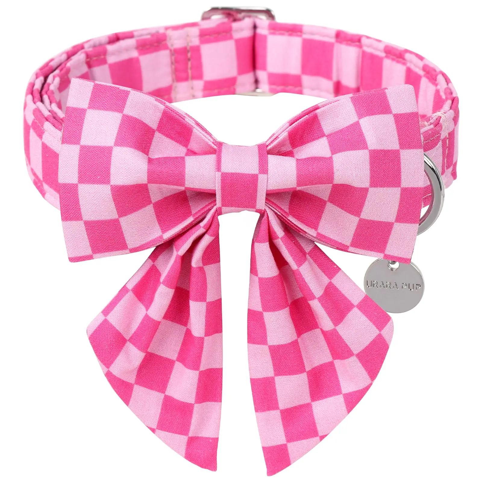 UP URARA PUP Pink Plaid Bow Tie Dog Collar - Comfortable Spring Summer Cotton Collar for Puppies and Dogs with Metal Buckle Pet Products Cute Adjustable Size tiktokshopbacktoschool