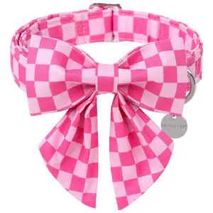 UP URARA PUP Pink Plaid Bow Tie Dog Collar - Comfortable Spring Summer Cotton Collar for Puppies and Dogs with Metal Buckle Pet Products Cute Adjustable Size