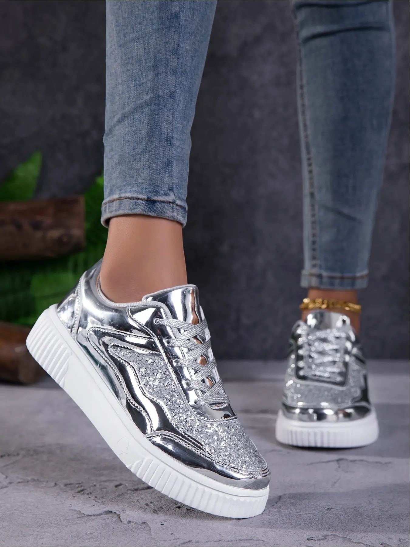 Women's Sparkly Rainbow Platform Sneakers! Shiny Metallic Skate Trainer Sports Shoes, Comfy Wedge Casual Shoes for Outdoor & Daily Outfits Walking Shoes Footwear Chunky Skater Shoe Wedge Trainers Thick Soled Shoes Casual Fashion Shoes Trendy Trainers