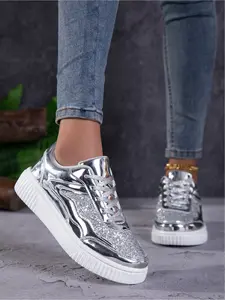 Women's Sparkly Rainbow Platform Sneakers! Shiny Metallic Skate Trainer Sports Shoes, Comfy Wedge Casual Shoes for Outdoor & Daily Outfits Walking Shoes Footwear
