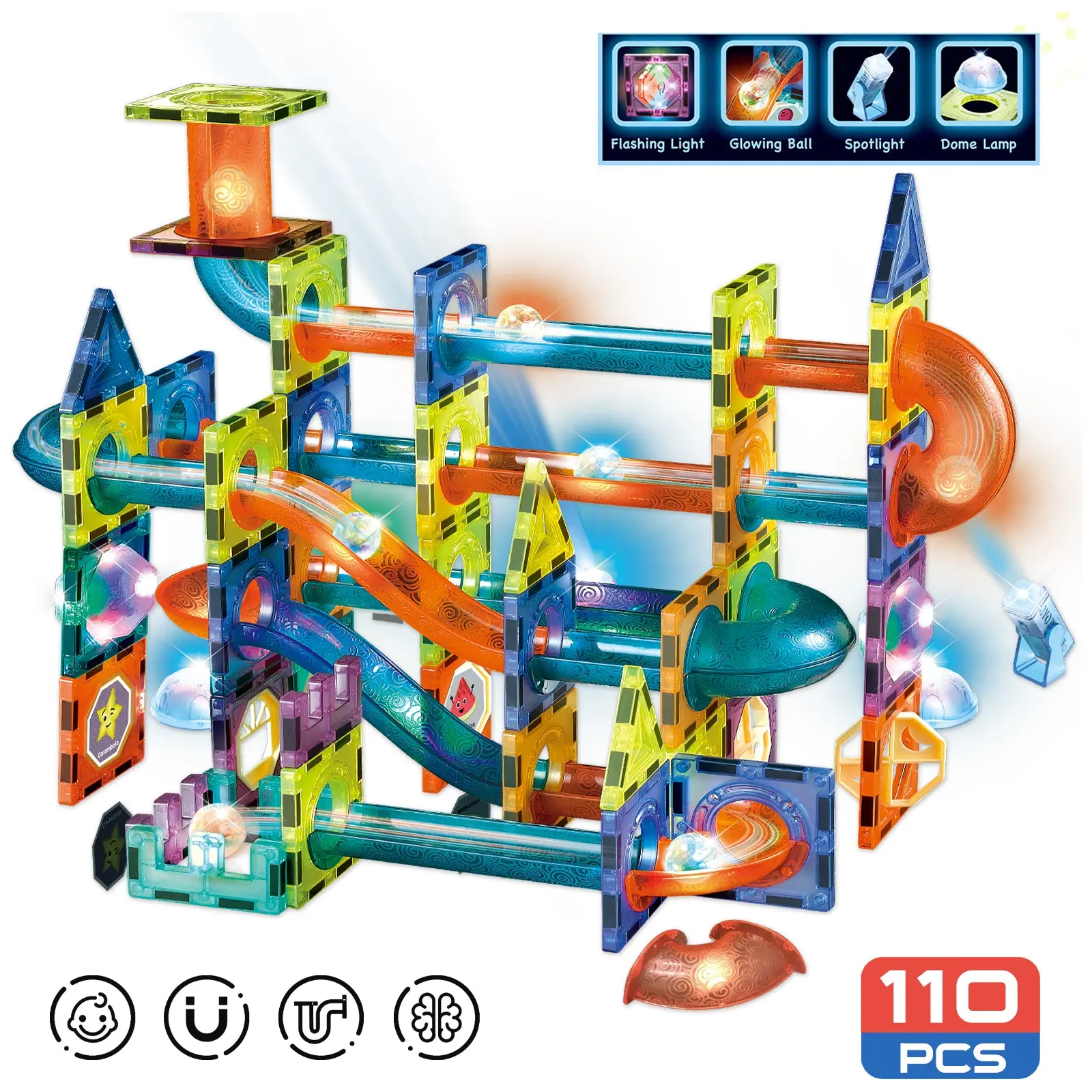 Contixo ST8 Magnetic Light-Up 3D Tiles Building Set - 110-Piece STEM Marble Run Blocks with Magnetic Snap Fit, Color+Number Tags, Colorful Cube Buildings & Scenery for Open Ended, Imaginative Play for Kids, Open Ended Play, Large Magnetic Tile Buildings &