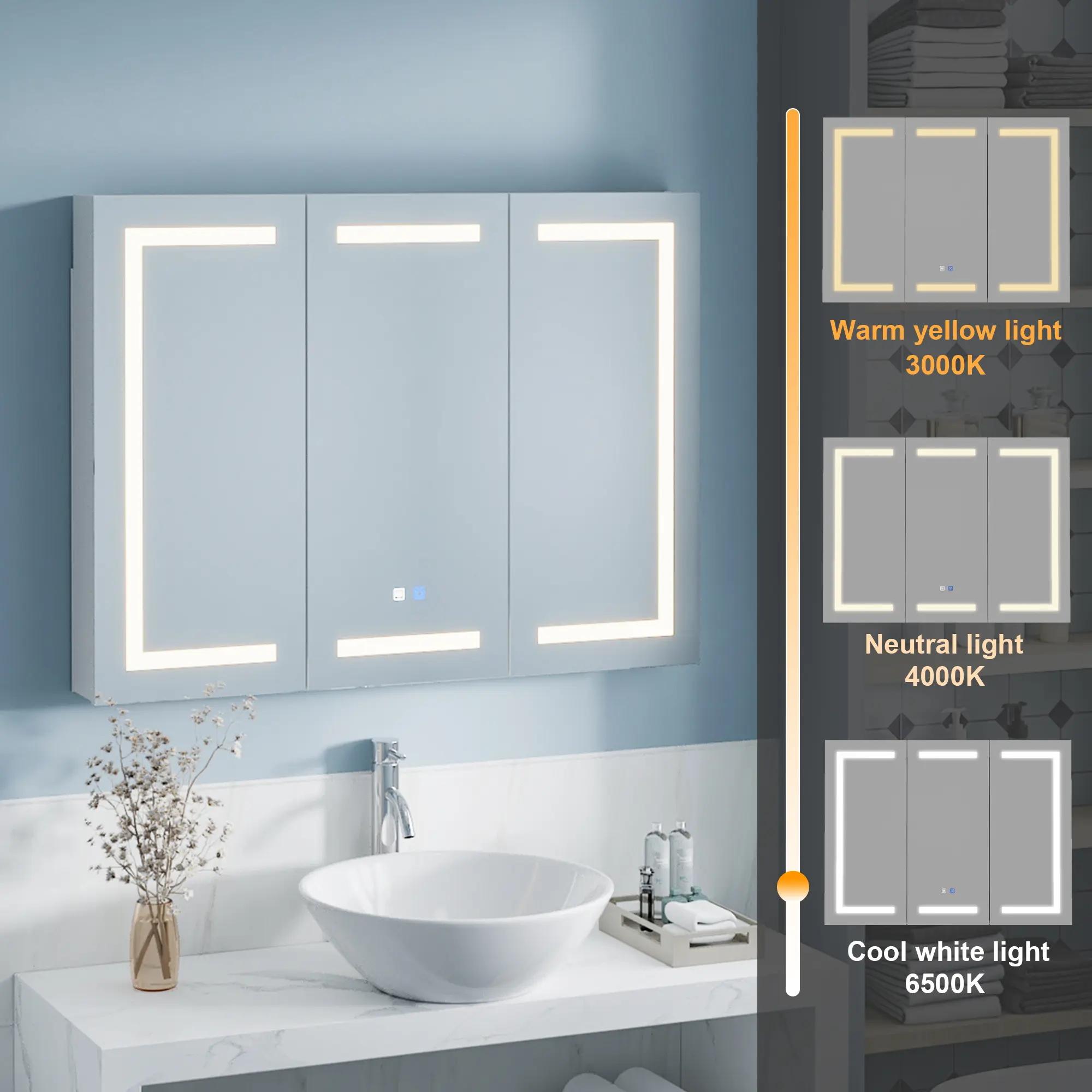 FUFU&GAGA 47.2" W Modern Storage Lighted Medicine Cabinet with Mirror, 3-Door Illuminated Bathroom Surface Mount Cabinet with Anti-Fog, Dimmable Brightness, Adjustable Color Temperature, Modern Storage Cabinet