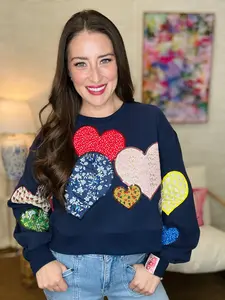 QOS Navy Multi Embroidered Hearts Sweatshirt