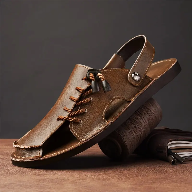 Men's Summer 2-in-1 Leather Open-Toed Slip-On Ankle Slippers - Hand-Stitched Retro Roman Beach Shoes, Minimalist Rubber Footwear for Big-Size Wide-Footed Casual Comfort