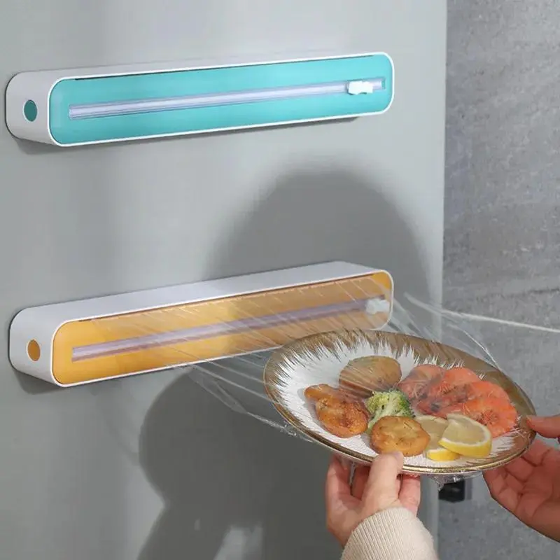2 In 1 Food Film Dispenser Magnetic Wrap Dispenser With Cutter Storage Box Aluminum Foil Stretch Film Cutter Kitchen Accessories Kitchen Utensils Gadgets Kitchen Tool Household Cooking Gadget